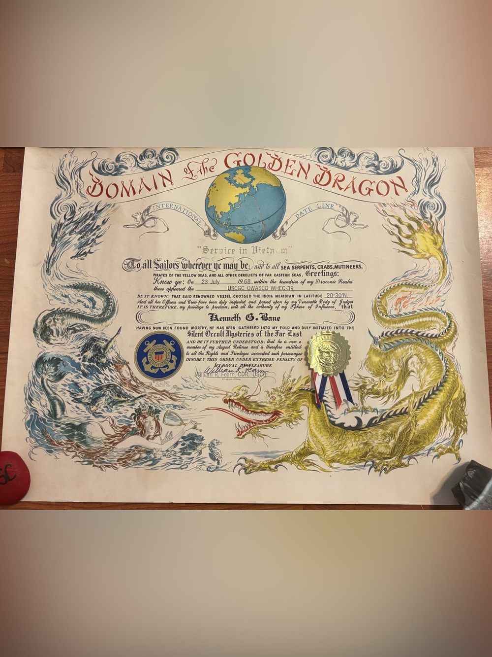 Coast Guard Golden Dragon International Crossing Certificate Dateline 1968